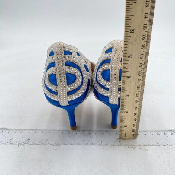 XYD Royal Blue Elegant Pointed Toe D'Orsay Kitten Heel Rhinestone Studs Pump - Picture 5 of 8